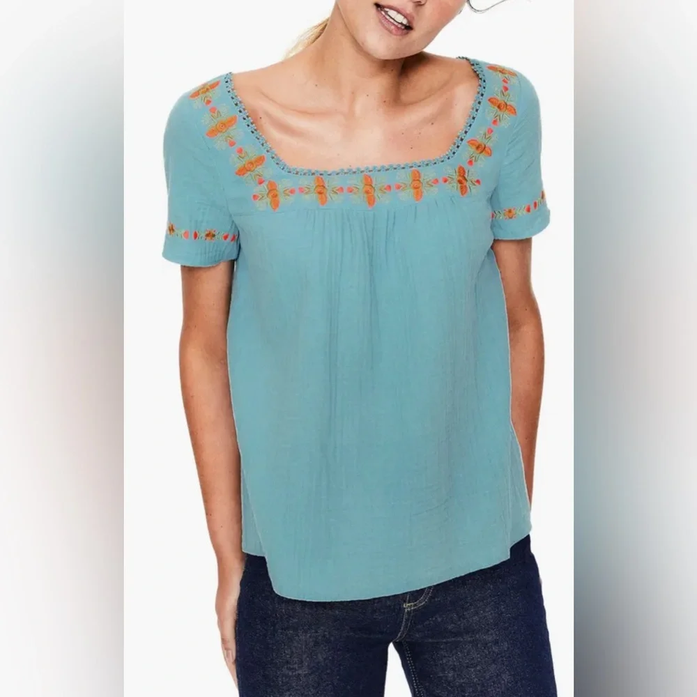 Boden Shirt Women's blouse Clemmie Embroidered Cotton Peasant Top blue gold pink - Picture 7 of 8